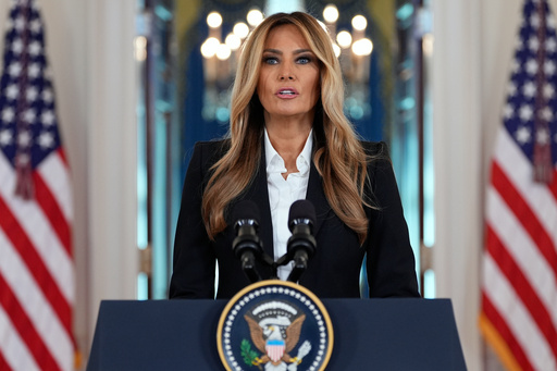 First lady Melania Trump speaks in the Grand Foyer of the White House, Friday, Oct. 10, 2025, in Washington. (AP Photo/Alex Brandon) First lady Melania Trump speaks in the Grand Foyer of the White House, Friday, Oct. 10, 2025, in Washington. (AP Photo/Alex Brandon)