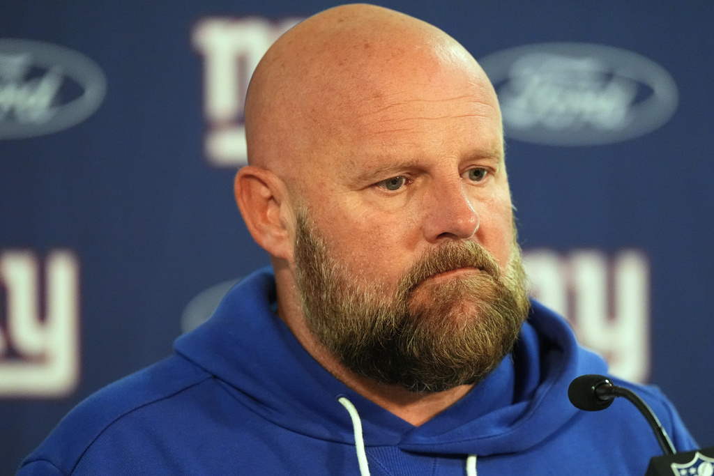 New York Giants head coach Brian Daboll responds to questions after an NFL football game against the Denver Broncos, Sunday, Oct. 19, 2025, in Denver. (AP Photo/David Zalubowski)