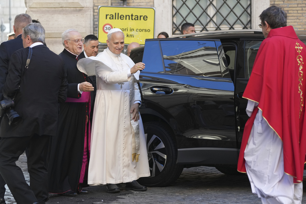 Pope Leo XIV arrives at the St. Augustin Basilica in Rome, Monday, Sept. 1, 2025, to address his fellow Augustinians at the start of their global assembly. (AP Photo/Domenico Stinellis)