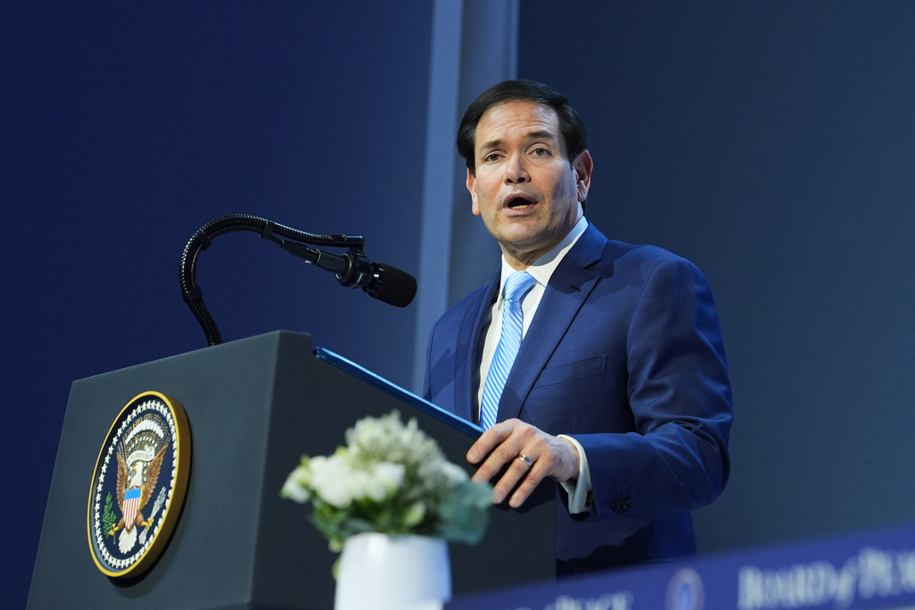 United States Secretary of State Marco Rubio speaks after the signing of a Board of Peace charter during the Annual Meeting of the World Economic Forum in Davos, Switzerland, Thursday, Jan. 22, 2026. (AP Photo/Evan Vucci)