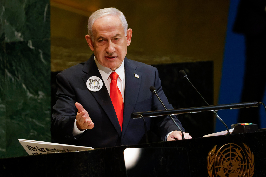 Israeli Prime Minister Benjamin Netanyahu speaks during the 80th session of the United Nations General Assembly, Friday, Sept. 26, 2025, at U.N. headquarters. (AP Photo/Stefan Jeremiah)