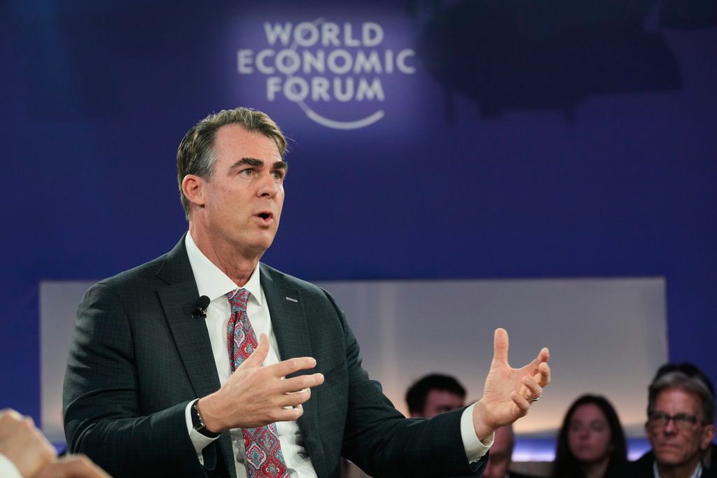 Oklahoma Gov. Kevin Stitt speaks during the Annual Meeting of the World Economic Forum in Davos, Switzerland, Wednesday, Jan. 21, 2026. (AP Photo/Markus Schreiber)