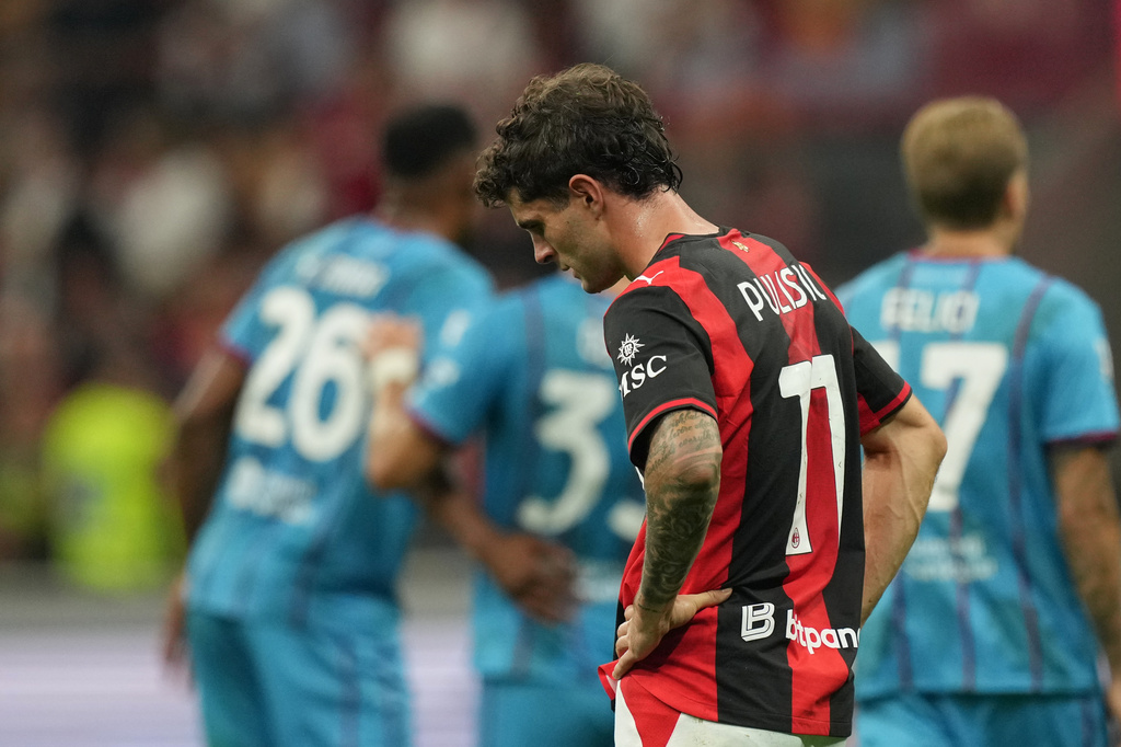 AC Milan's Christian Pulisic reacts at the end of the Serie A soccer match between AC Milan and Cagliari, in Milan, Italy, Sunday, May 24, 2026. (AP Photo/Antonio Calanni)