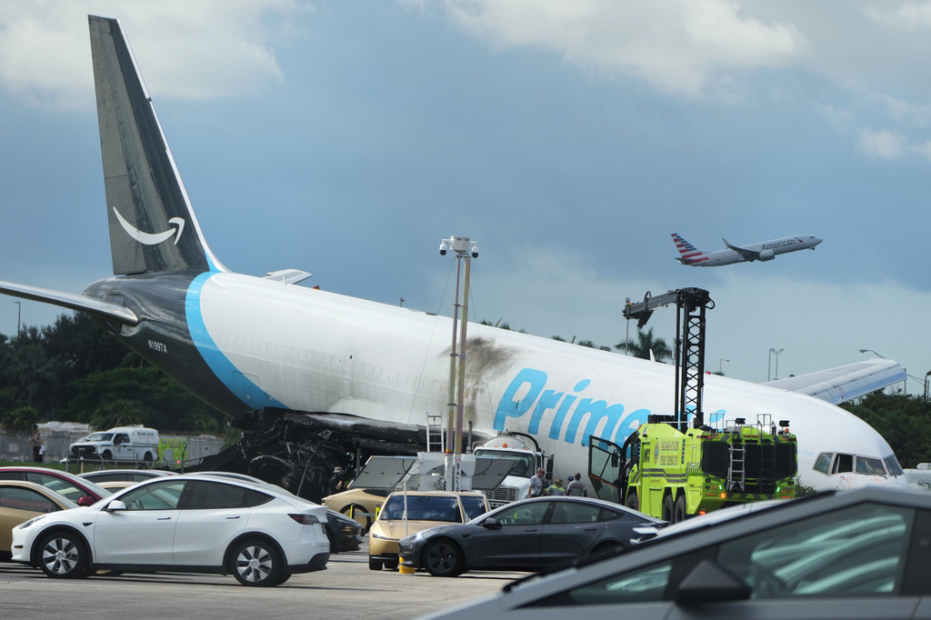 An Amazon cargo plane sits at the Miami International Airport (MIA) Monday, Sept. 7, 2026, after it overshot the runway on Sunday, in Miami. (AP Photo/Lynne Sladky)