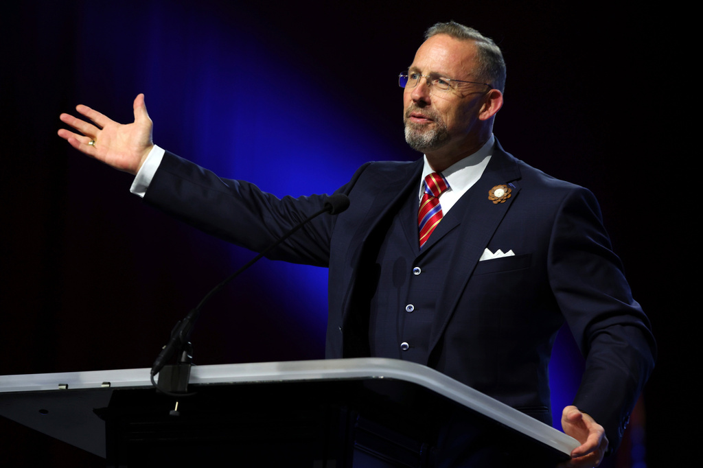 File - Southern Baptist Convention President Clint Pressley gives the President's Address during the 2025 SBC Annual Meeting, June 10, 2025, in Dallas. (AP Photo/Richard W. Rodriguez, File)