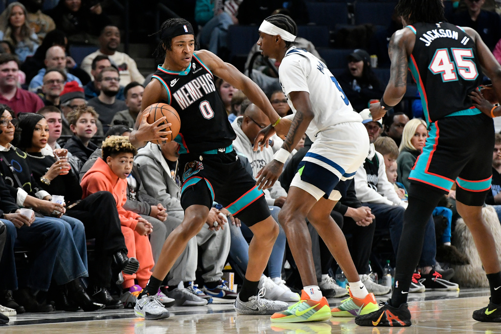 Memphis Grizzlies forward Jaylen Wells (0) handles the ball against Minnesota Timberwolves forward Jaden McDaniels (3) in the first half of an NBA basketball game Saturday, Jan. 31, 2026, in Memphis, Tenn. (AP Photo/Brandon Dill)