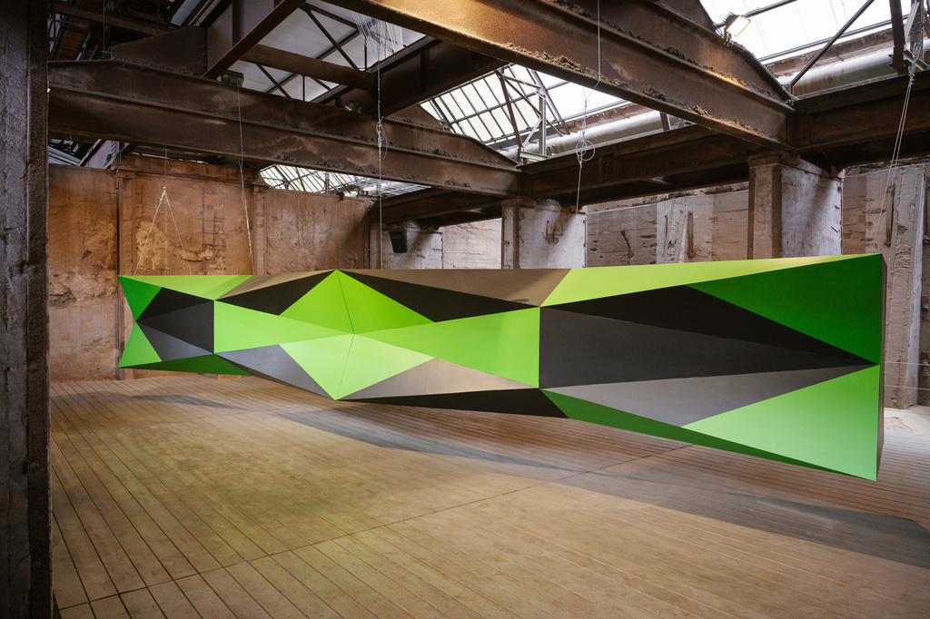 The installation "One Beam" by artist Boris Tellegen, is on display at the former ironworks Voelklinger Huette, World Cultural Heritage Site, as part of the exhibition Urban Art Biennale 2026 in Voelklingen, Germany, Wednesday, May 6, 2026. (Oliver Dietze/dpa via AP)