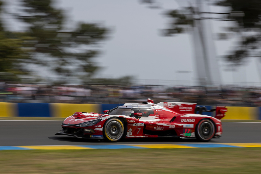 Toyota Racing team car (starting no.7) a Toyota GR010 Hybrid with Mike Conway of Great Britain, Kamui Kobayashi of Japan and Nyck de Vries of The Netherlands during the 24-hour Le Mans endurance auto race, Saturday June 13, 2026 in Le Mans, western France. (AP Photo/Jeremias Gonzalez)