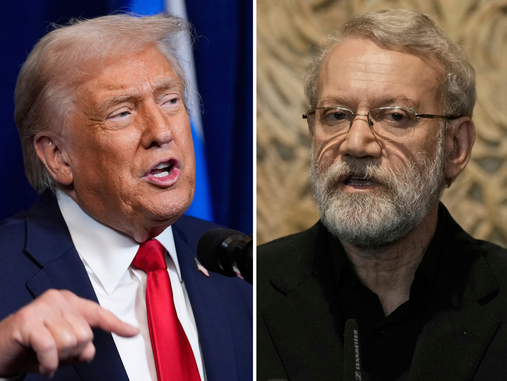 This combo shows President Donald Trump at Mar-a-Lago, Monday, Dec. 29, 2025, in Palm Beach, Fla. and Iranian Secretary of Supreme National Security Council Ali Larijani in Beirut, Lebanon, Wednesday, Aug. 13, 2025. (AP Photo/Alex Brandon, Bilal Hussein)
