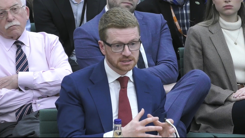 This is a screen grab of former former No10 chief of staff Morgan McSweeney appearing before the Foreign Affairs Committee about Lord Peter Mandelson's vetting process at the Houses of Parliament in London, Tuesday April 28, 2026. (House of Commons/UK Parliament/PA via AP)