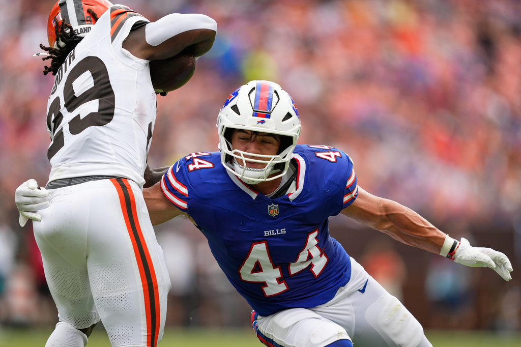 FILE - Buffalo Bills linebacker Joe Andreessen (44) tackles Cleveland Browns running back Davon Booth (29) during the first half of an NFL preseason football game, Aug. 22, 2026, in Cleveland. (AP Photo/Carolyn Kaster, File)