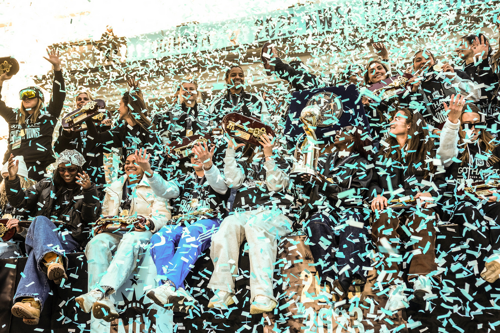 Members of the Gotham Football Club celebrate their win over the Washington Spirit for the NWSL championship in front of City Hall, Monday, Nov. 24, 2025, in New York. (Michael Appleton/New York City Mayor's Office via AP)