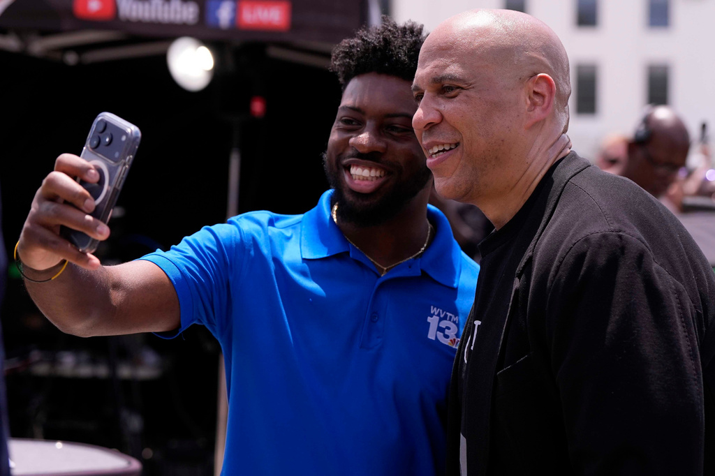 U.S. Sen Corey Booker, D-NY., has his photo taken during a voting rally, Saturday, May 16, 2026, in Montgomery, Ala. (AP Photo/Mike Stewart)