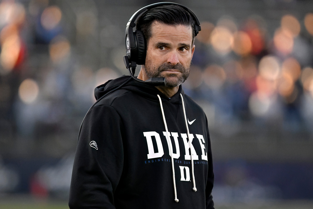 Duke head coach Manny Diaz watches play during the first half of an NCAA college football game against UConn, Saturday, Nov. 8, 2025, in East Hartford, Conn. (AP Photo/Jessica Hill)