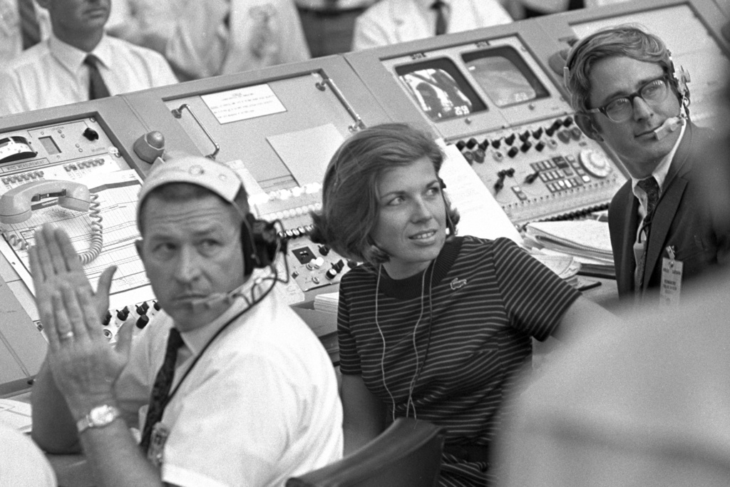 FILE - In this photo provided by NASA, JoAnn Morgan watches the launch of Apollo 11 from the launch firing room, July 16, 1969, in Cape Canaveral, Fla. (NASA via AP, File)