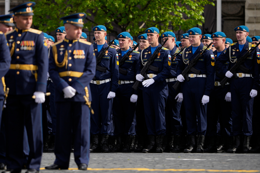 Russian servicemen stand in a formation before the Victory Day military parade in Moscow, Saturday, May 9, 2026, during celebrations of the 81st anniversary of the Soviet Union's victory over Nazi Germany during the World War II. (AP Photo/Pavel Bednyakov, Pool)