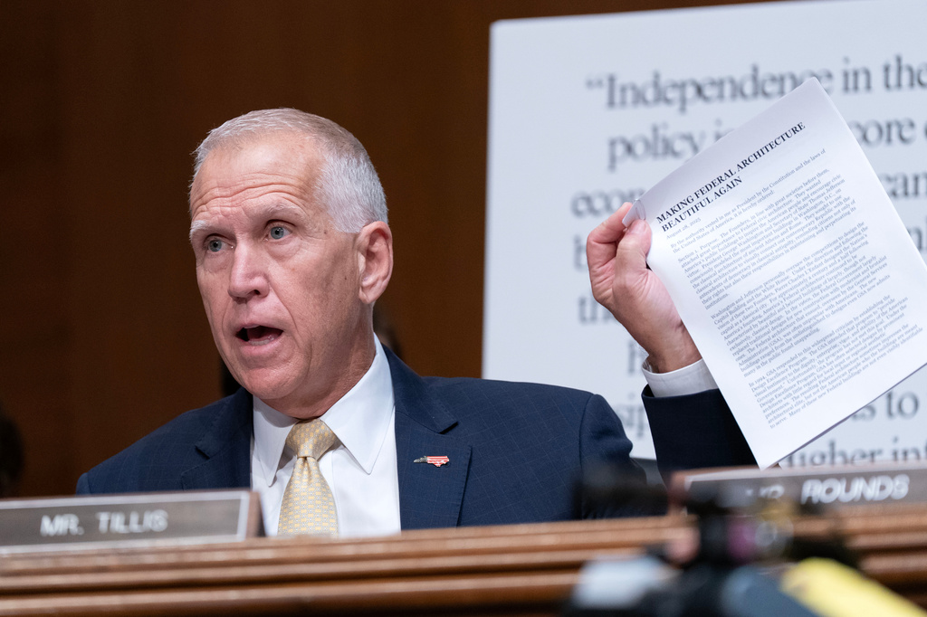 Sen. Thom Tillis, R-N.C., speaks during the confirmation hearing of Kevin Warsh, nominee for Federal Reserve chair, on Capitol Hill, in Washington Tuesday, April 21, 2026. (AP Photo/Jose Luis Magana)