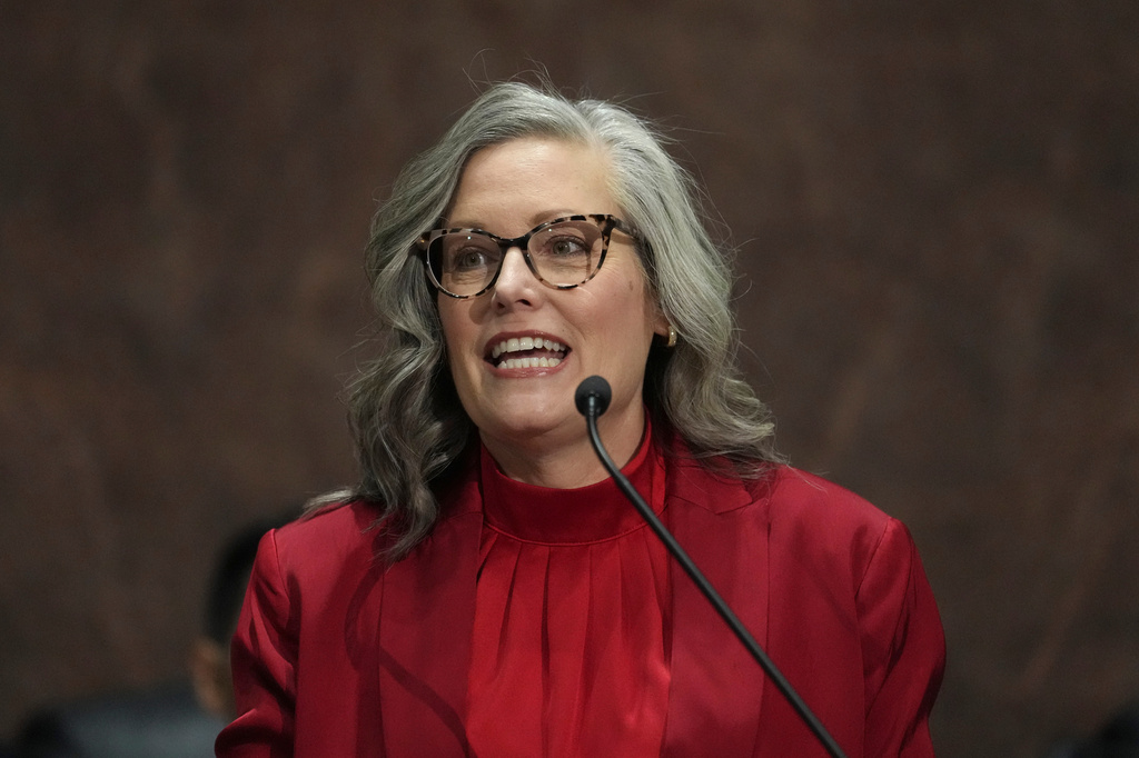 FILE - Arizona Democratic Gov. Katie Hobbs gives her State of the State address in the House of Representatives at the Capitol, Jan. 12, 2026, in Phoenix. (AP Photo/Ross D. Franklin, File)