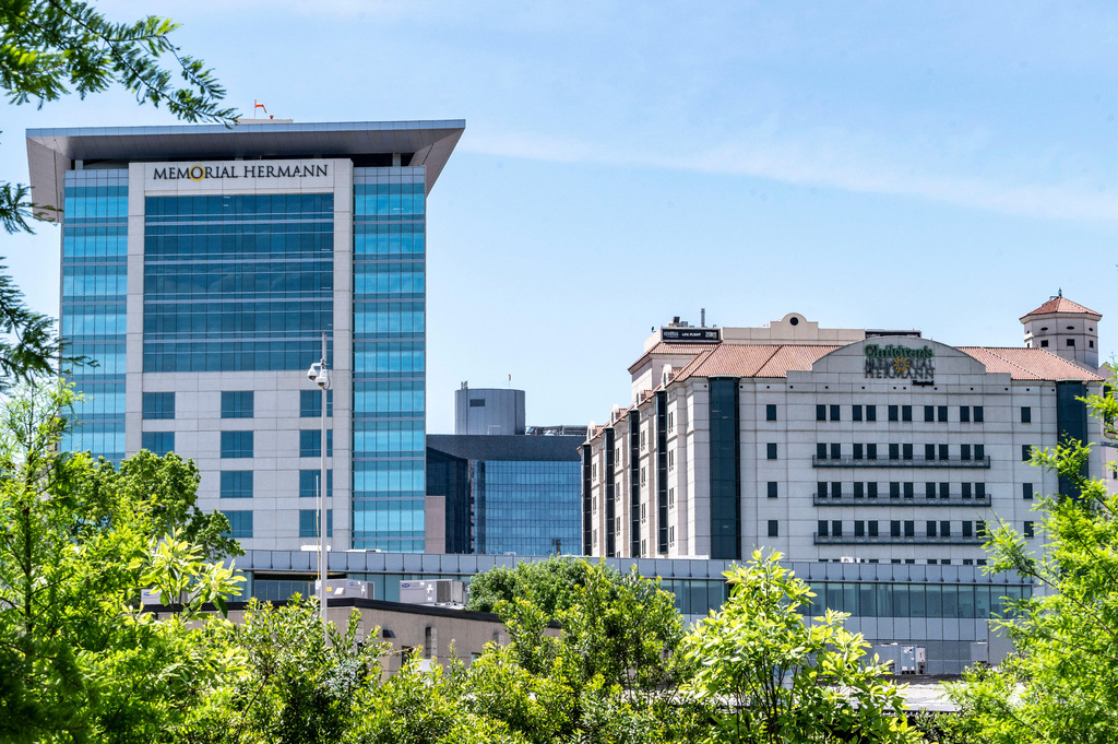 FILE - Buildings associated with Memorial Hermann Hospital and medical complex are visible, April 12, 2024, in the Medical Center district of Houston. (Kirk Sides/Houston Chronicle via AP, File)