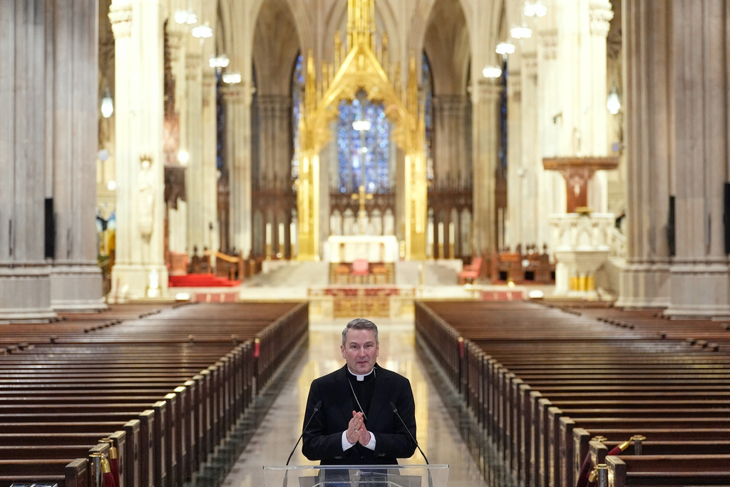 Archbishop-designate Ronald Hicks talks to reporters during a news conference at St. Patrick's Cathedral in New York, Thursday, Feb. 5, 2026. (AP Photo/Seth Wenig)