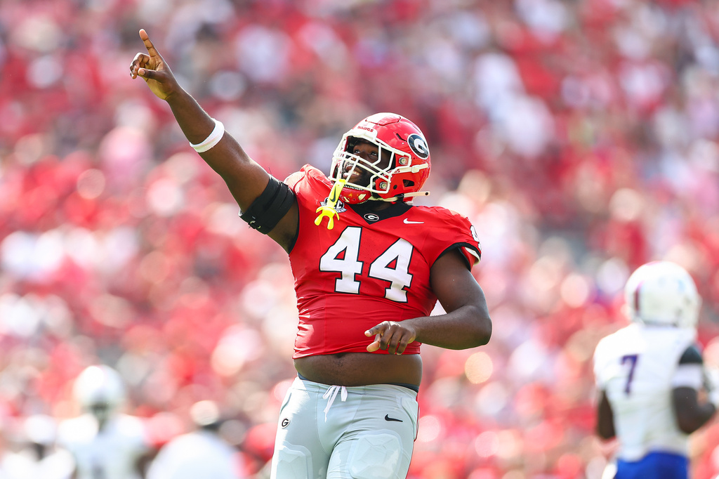 Georgia defensive lineman Jordan Hall (44) reacts during the first half of an NCAA college football game against Tennessee State, Saturday, Sept. 5, 2026, in Athens, Ga. (AP Photo/Colin Hubbard)