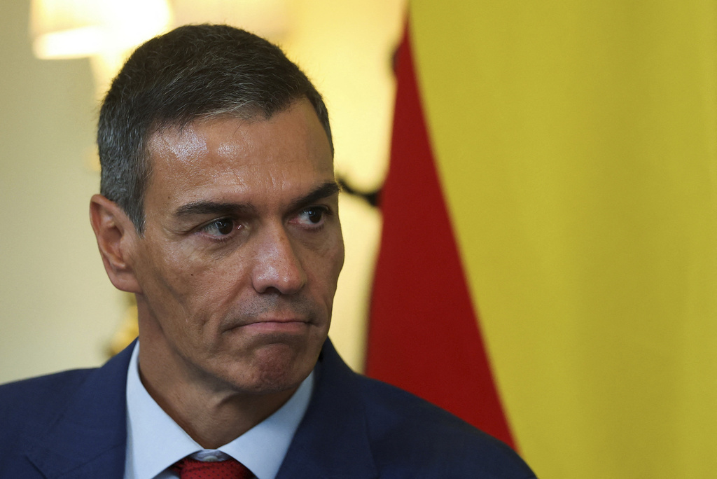 FILE - Spanish Prime Minister Pedro Sanchez looks on during a meeting with British Prime Minister Keir Starmer inside 10 Downing Street, in London, Wednesday, Sept. 3, 2025. (Toby Melville, Pool Photo via AP, File)
