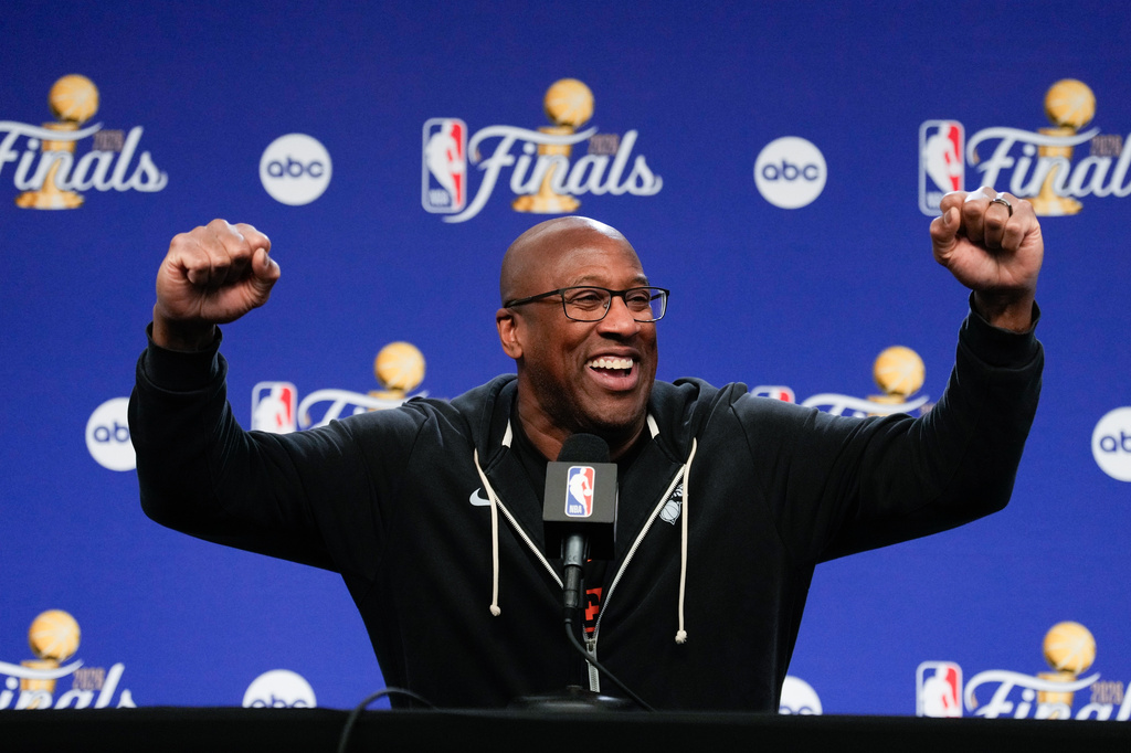New York Knicks head coach Mike Brown speaks to the media prior to Game 3 of the NBA Finals basketball series against the San Antonio Spurs, Sunday, June 7, 2026, in New York. (AP Photo/Ross D. Franklin)