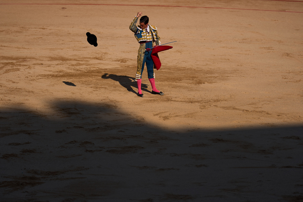 Spanish bullfighter David Galván before the start of a bullfight at the San Fermín festival in Pamplona, northern Spain, Wednesday, July 8, 2026. (AP Photo/Miguel Oses)
