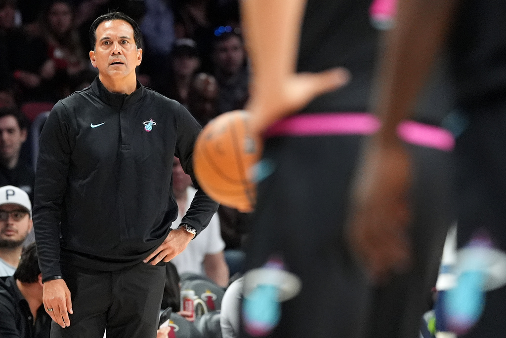 Miami Heat head coach Erik Spoelstra looks on during the first half of an NBA basketball game against the Minnesota Timberwolves, Saturday, Jan. 3, 2026, in Miami. (AP Photo/Rebecca Blackwell)
