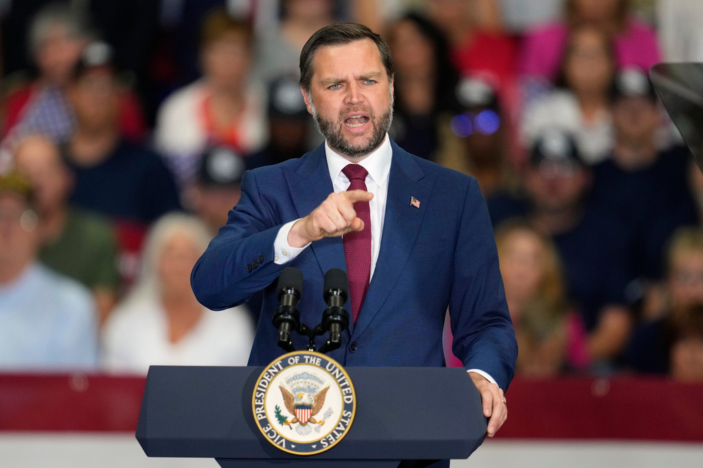 Vice President JD Vance speaks at Universal Contracting and Urban Tree Trimming, Monday, Aug. 31, 2026, in Sterling Heights, Mich. (AP Photo/Paul Sancya)