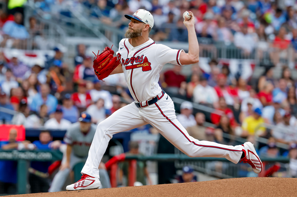 Atlanta Braves pitcher Chris Sale delivers to a New York Mets batter during the first inning of a baseball game, Saturday, July 4, 2026, in Atlanta. (AP Photo/Erik S. Lesser)