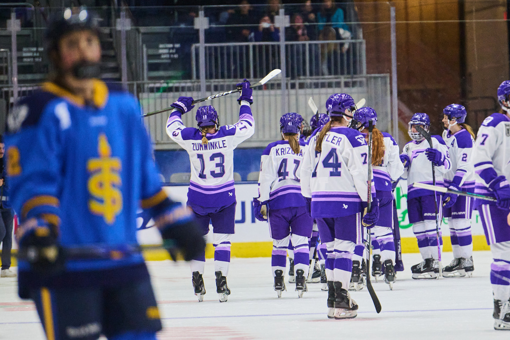 The Minnesota Frost celebrate their win against the Toronto Sceptres in PWHL hockey action in Toronto, Tuesday, Dec. 30, 2025. (Sammy Kogan/The Canadian Press via AP)