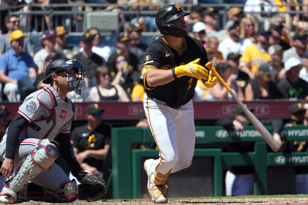 Pittsburgh Pirates' Spencer Horwitz, right, watches his double off Minnesota Twins pitcher Zebby Matthews in the fifth inning of a baseball game in Pittsburgh, Sunday, May 31, 2026. (AP Photo/Tom E. Puskar) CORRECTION: Corrects to Pirates' Spencer Horwitz not Nick Gonzales.