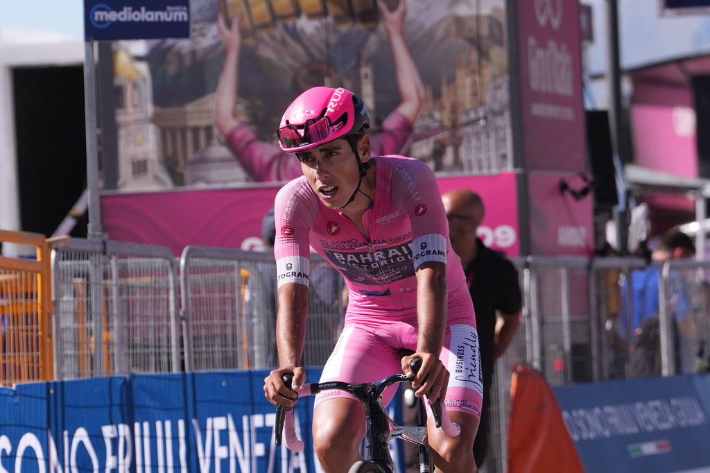 Portugal's Afonso Oliveira Eulálio reacts after completing the 14th stage of the Giro d'Italia cycling race, from Aosta to Pila, Italy, Saturday, May 23, 2026. (Gian Mattia d'Alberto/LaPresse via AP)