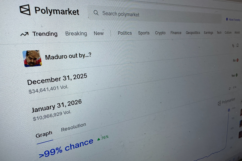 The Polymarket prediction market website is seen on a computer screen, Sunday, Jan. 11, 2026, in New York. (AP Photo/Wyatte Grantham-Philips)
