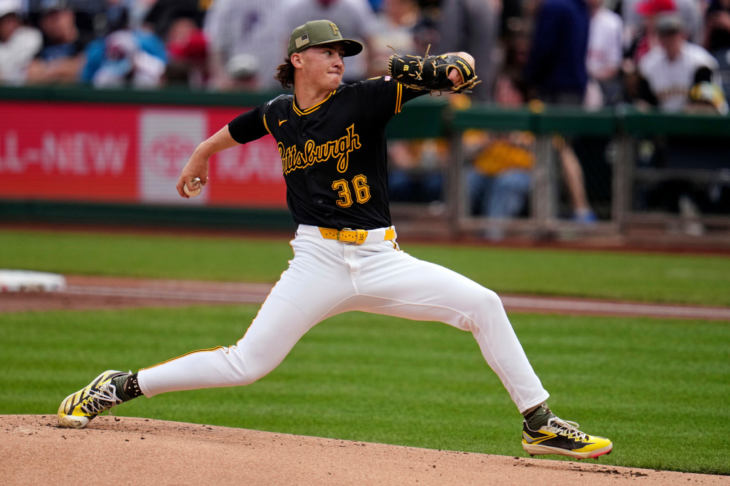Pittsburgh Pirates pitcher Bubba Chandler delivers during the first inning of a baseball game against the Philadelphia Phillies in Pittsburgh, Saturday, May 16, 2026. (AP Photo/Gene J. Puskar)
