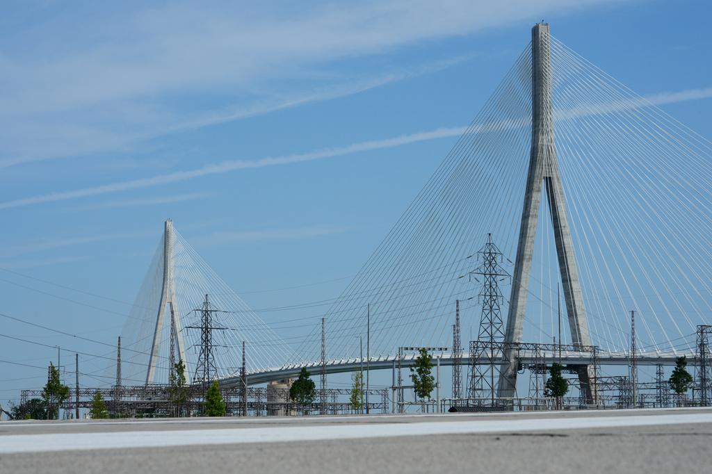 The Gordie Howe International bridge connects Detroit and Windsor, Ontario is shown Friday, July 24, 2026, in Windsor. (AP Photo/Paul Sancya)