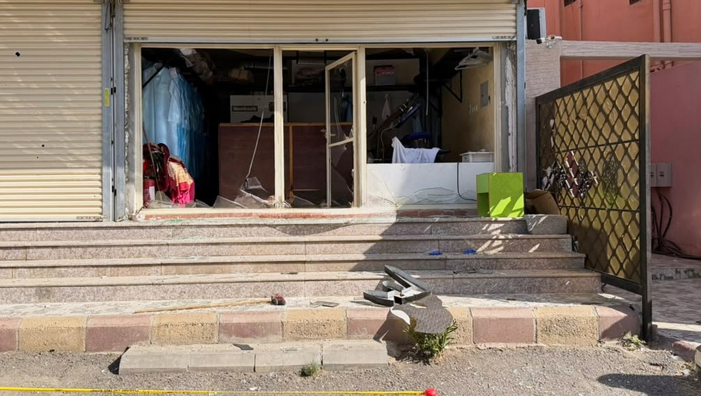 This photo provided by the Saudi Press Agency shows a building damaged by falling debris from a drone that Saudi authorities said was launched by Yemen's Houthi rebels and intercepted over Taif province, western Saudi Arabia, Thursday, Sept. 17, 2026. (Saudi Press Agency via AP)