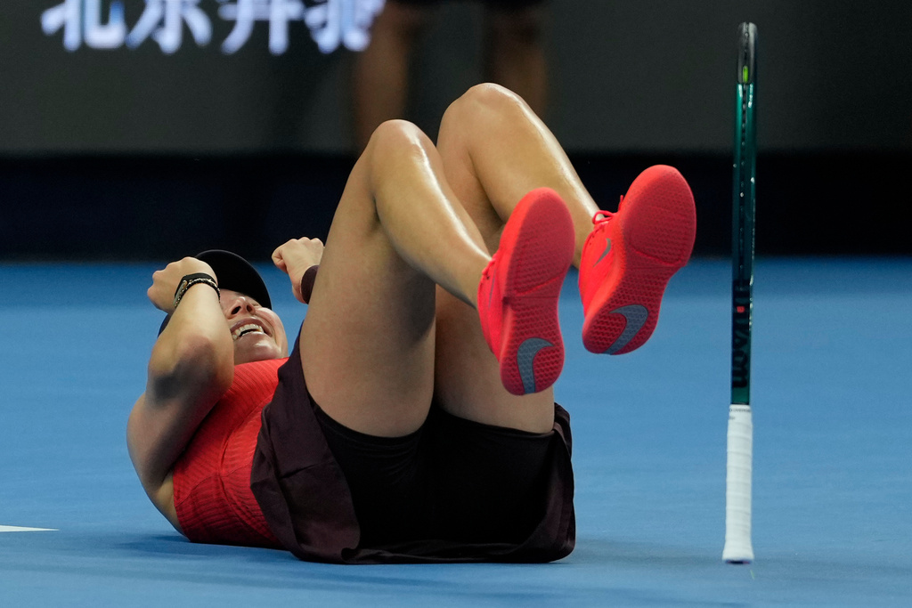 Amanda Anisimova of the United States reacts after defeating Linda Noskova of the Czech Republic in the women's singles final match of the China Open tennis tournament in Beijing, China, Sunday, Oct. 5, 2025.(AP Photo/Ng Han Guan)