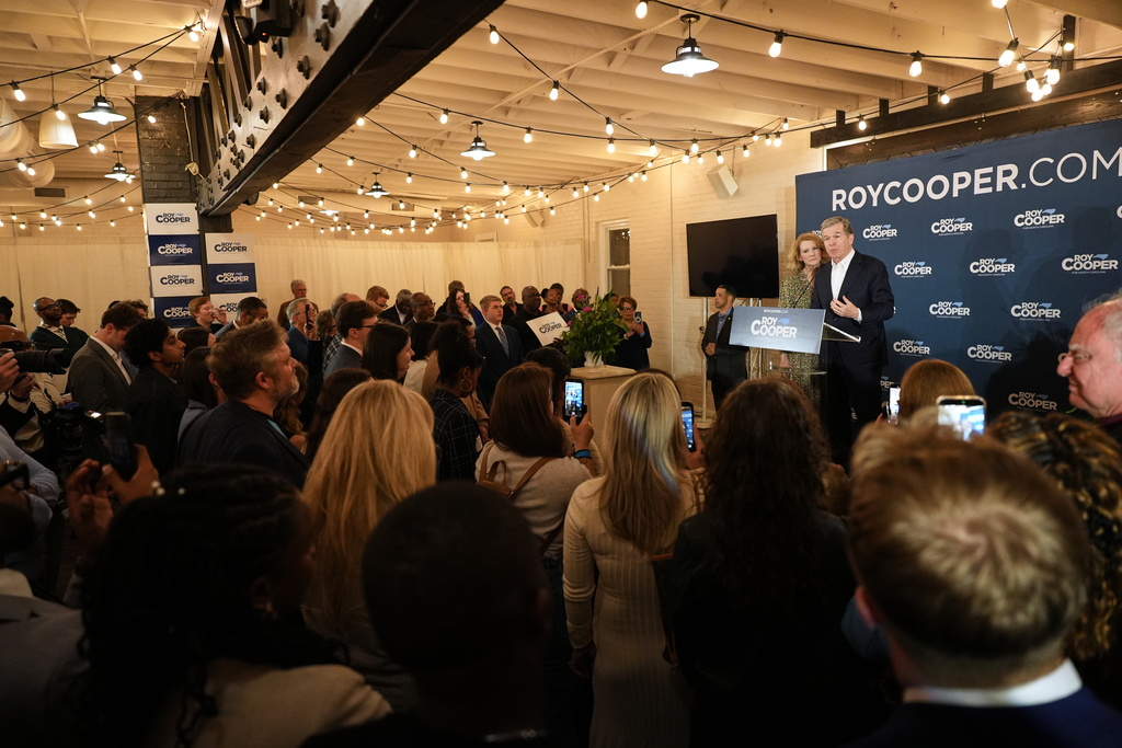 North Carolina Democratic Senate candidate former Gov. Roy Cooper speaks at a primary election night watch party Tuesday, March 3, 2026, in Raleigh, N.C. (AP Photo/Matt Ramey)