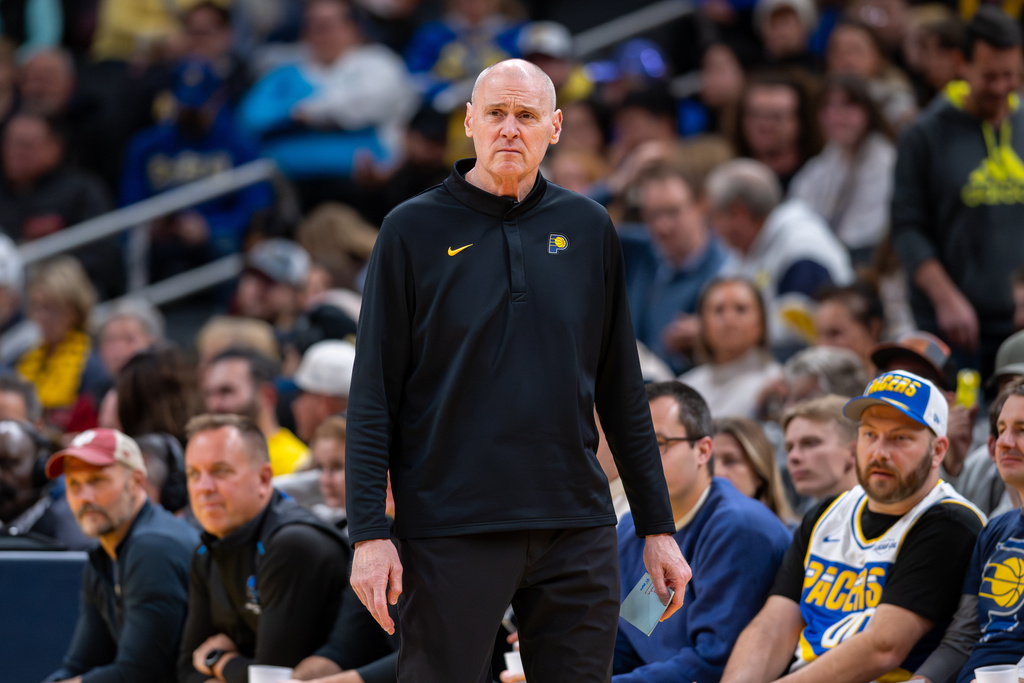 Indiana Pacers head coach Rick Carlisle watches play during the first half of an NBA basketball game against the Sacramento Kings in Indianapolis, Monday, Dec. 8, 2025. (AP Photo/Doug McSchooler)