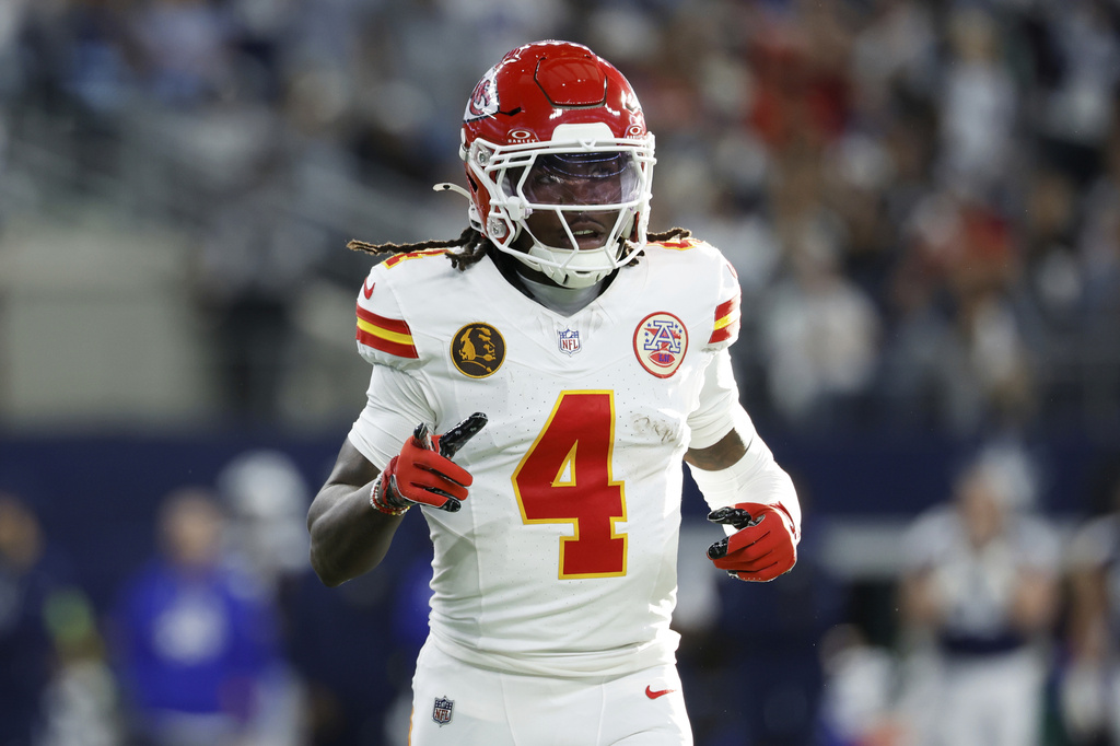 FILE - Kansas City Chiefs wide receiver Rashee Rice (4) lines up for the snap during a NFL football game against the Dallas Cowboys, Nov. 27, 2025, in Arlington, Texas. (AP Photo/Matt Patterson, File)