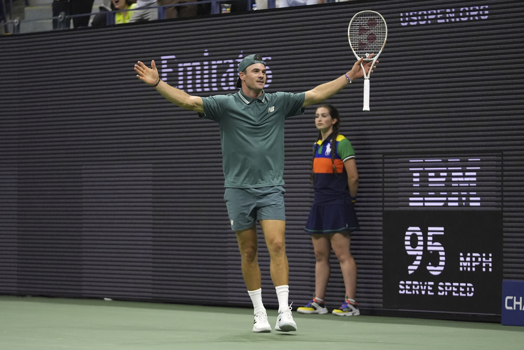 Tommy Paul, of the United States, reacts after defeating defeating Nuno Borges, of Portugal, during the second round of the U.S. Open tennis championships, Thursday, Aug. 28, 2025, in New York. (AP Photo/Frank Franklin II)