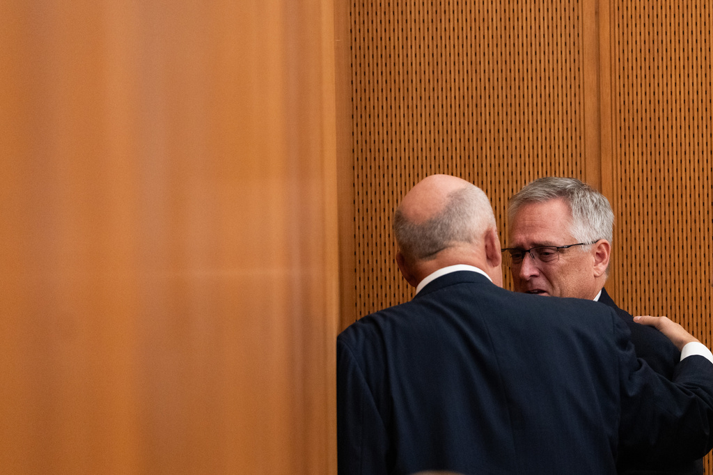 Camp Mystic night watchman Glenn Juenke breaks down after testifying during a hearing on a suit against Camp Mystic in the 459th State District Court in Austin, Wednesday, April 15, 2026. (Mikala Compton/Austin American-Statesman via AP)
