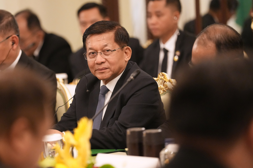 Myanmar President Min Aung Hlaing attends a meeting with Thailand Prime Minister Anutin Charnvirakul, not in picture, at the Government House in Bangkok, Thailand, Thursday, Aug. 6, 2026. (AP Photo/Sakchai Lalit, Pool)
