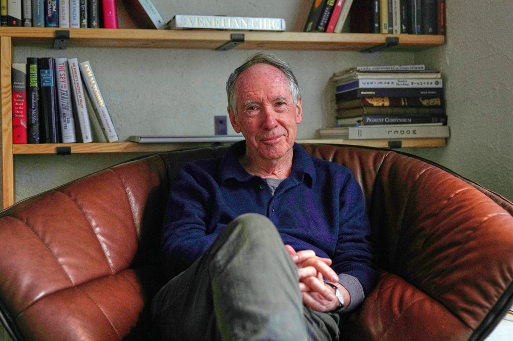 FILE - Ian McEwan, British novelist and screenwriter, gestures as he speaks to press during an interview in London, Friday, Sept. 12, 2025. (AP Photo/Joanna Chan, File)