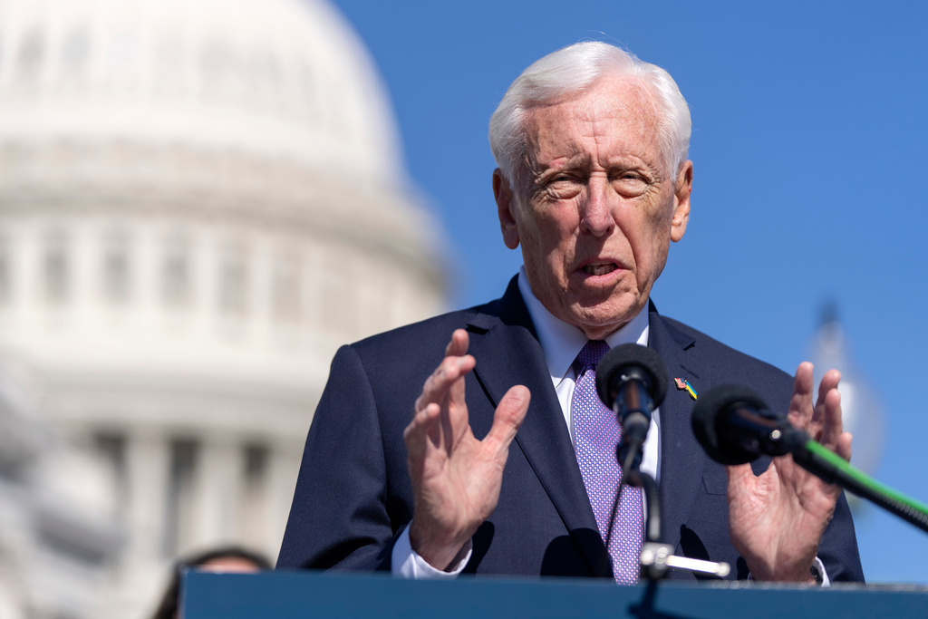 FILE -Rep. Steny Hoyer, D-Md., speaks at a news conference about the Protect Our Probationary Employees Act on Capitol Hill, March 11, 2025, in Washington. (AP Photo/Mark Schiefelbein, File)