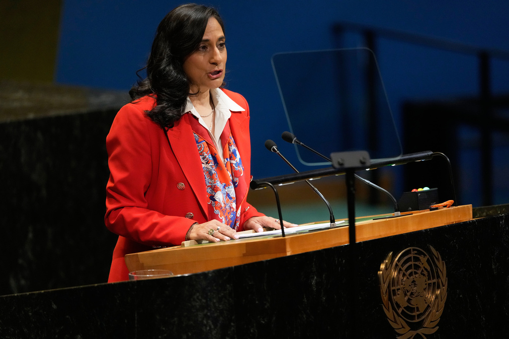 Anita Anand, Minister for Foreign Affairs of Canada, addresses the 80th session of the United Nations General Assembly at United Nations headquarters, Monday, Sept. 29, 2025. (AP Photo/Seth Wenig)
