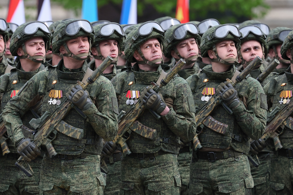 Russian servicemen attend the Victory Day military parade in Moscow, Saturday, May 9, 2026, during celebrations of the 81st anniversary of the Soviet Union's victory over Nazi Germany during the World War II. (Shamil Zhumatov/Pool Photo via AP)