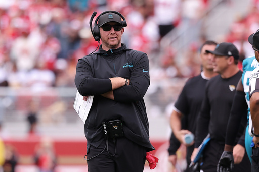 Jacksonville Jaguars head coach Liam Coen reacts toward an official near the sideline during the first half of an NFL football game against the San Francisco 49ers in Santa Clara, Calif., Sunday, Sept. 28, 2025. (AP Photo/Kelley L. Cox) Jacksonville Jaguars head coach Liam Coen reacts toward an official near the sideline during the first half of an NFL football game against the San Francisco 49ers in Santa Clara, Calif., Sunday, Sept. 28, 2025. (AP Photo/Kelley L. Cox)